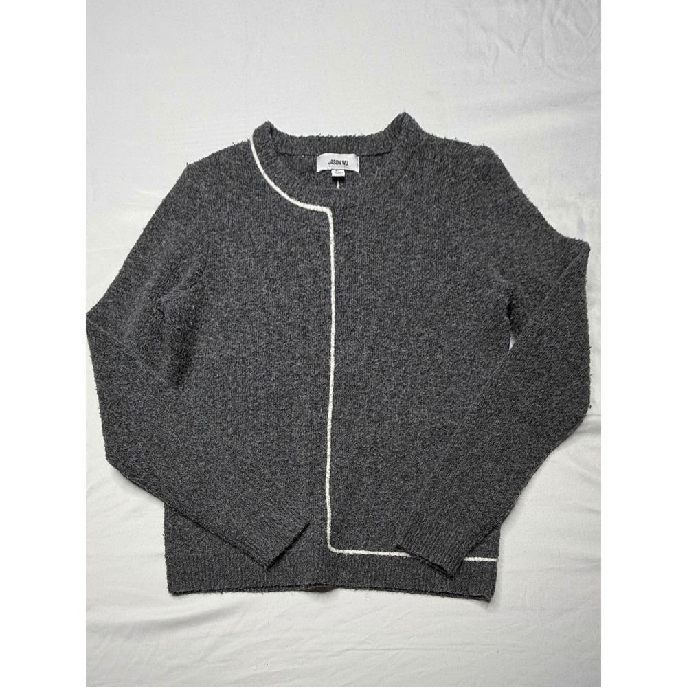 Jason Wu Women Charcoal Grey Fuzzy Geometric Trim Wool Blend Sweater Small T7